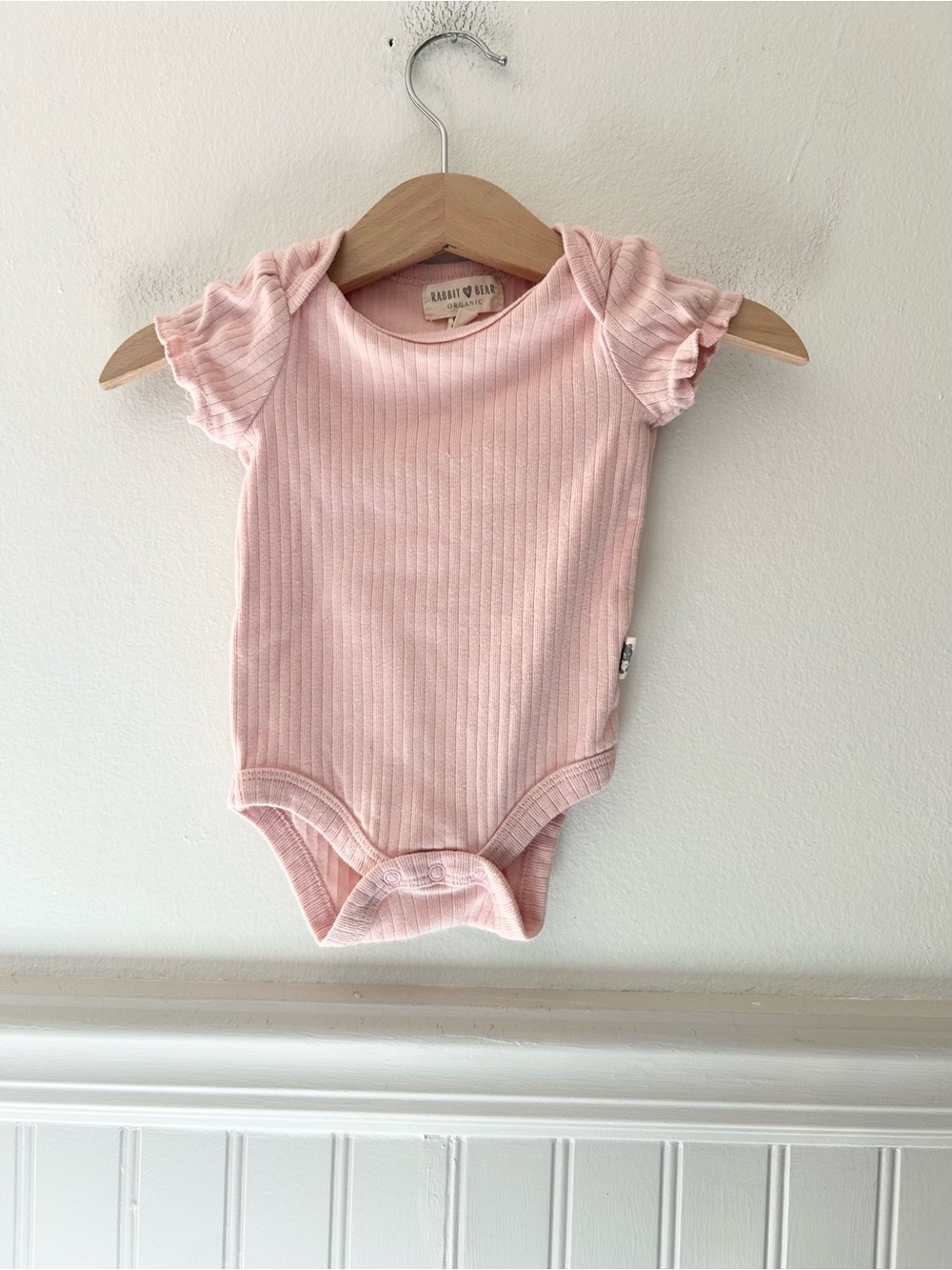 Rabbit + Bear 0-3 Months Organic Pink Ribbed Baby Bodysuit with Flutter Sleeves